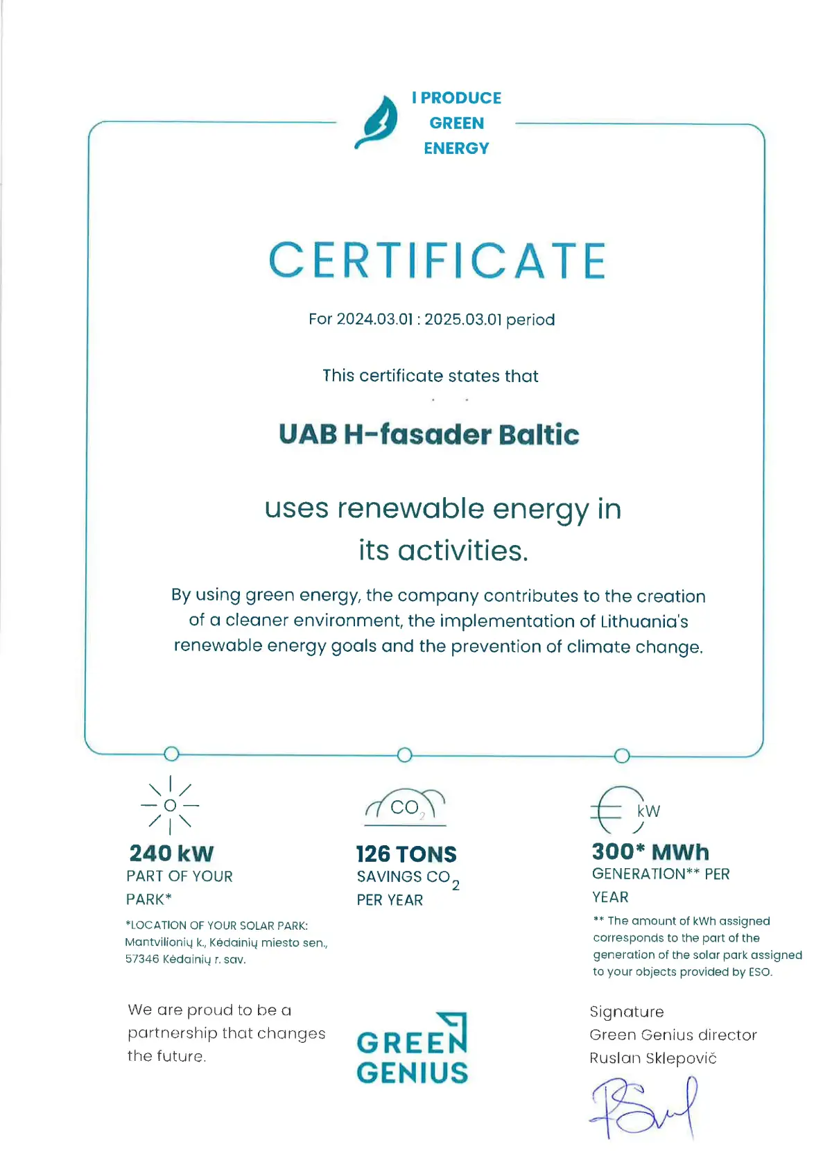 certificate, H-Fasader Baltic UAB